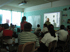 Fabiola in front of the board